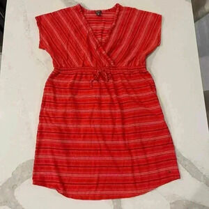 Eddie Bauer Red Stripe Short Sleeve V Neck Dress Womens XL Pockets Cotton Casual